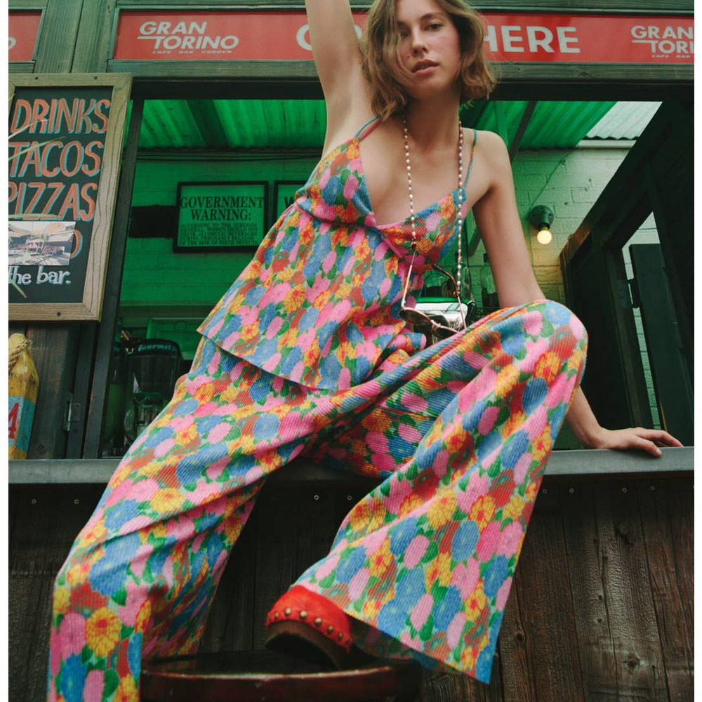 Zara Pleated Multicolor Floral Pants High Waisted Elastic Pleated Wide Leg Pant